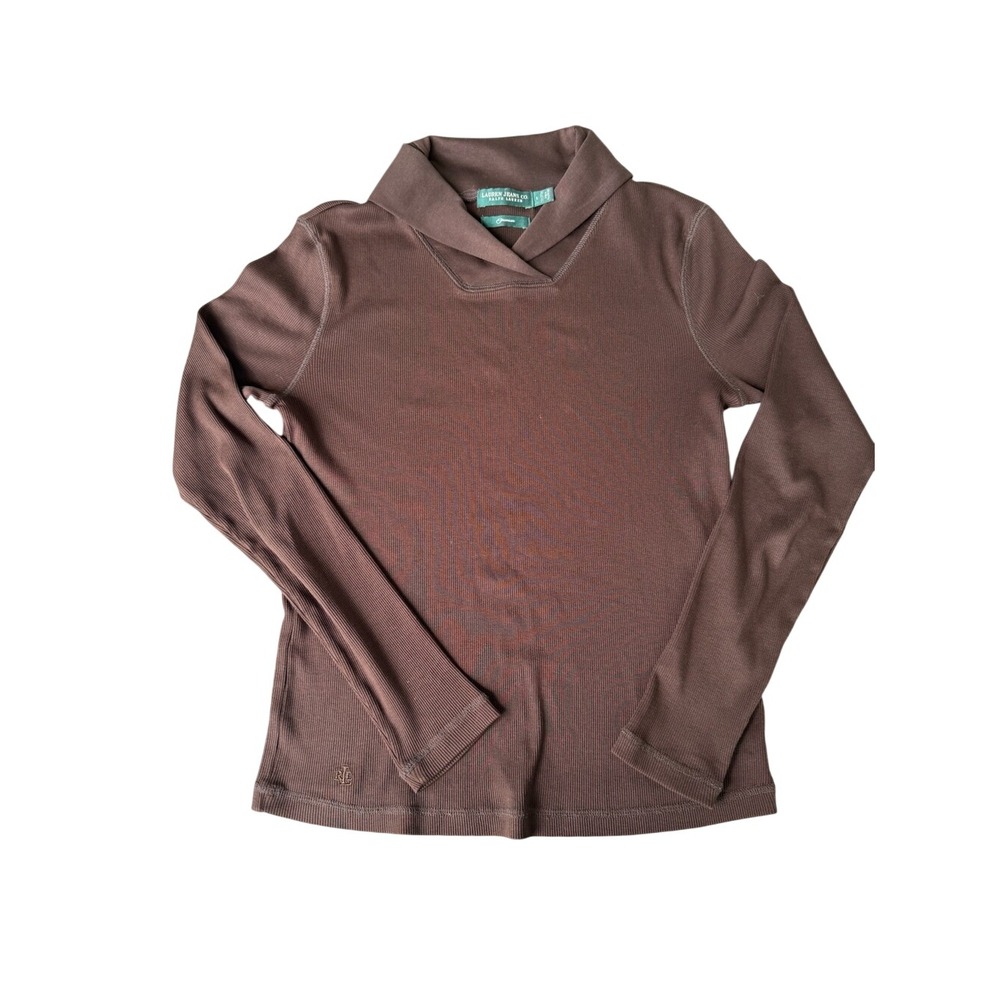 Ralph Lauren Premium Ribbed Knit Long Sleeve Top-Brown-Size Small 100% Cotton